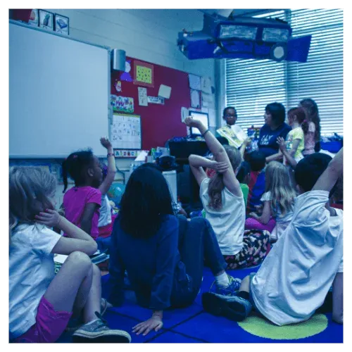 Education: a classroom of kids, some raising hands