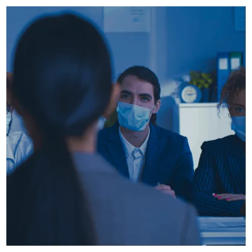 Jobs: masked interviewers sit across from a faceless interviewee
