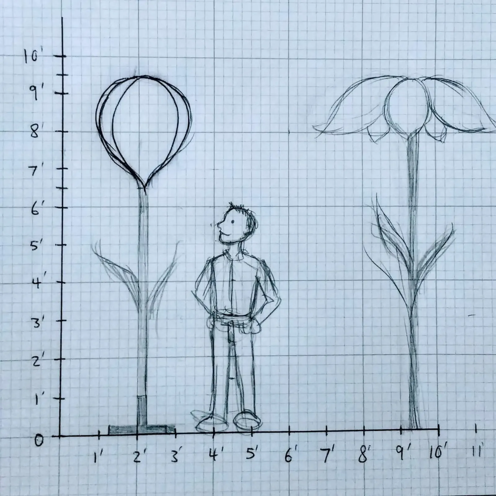 Graph paper sketch of a person standing next to a tall flower sculpture that opens above the head