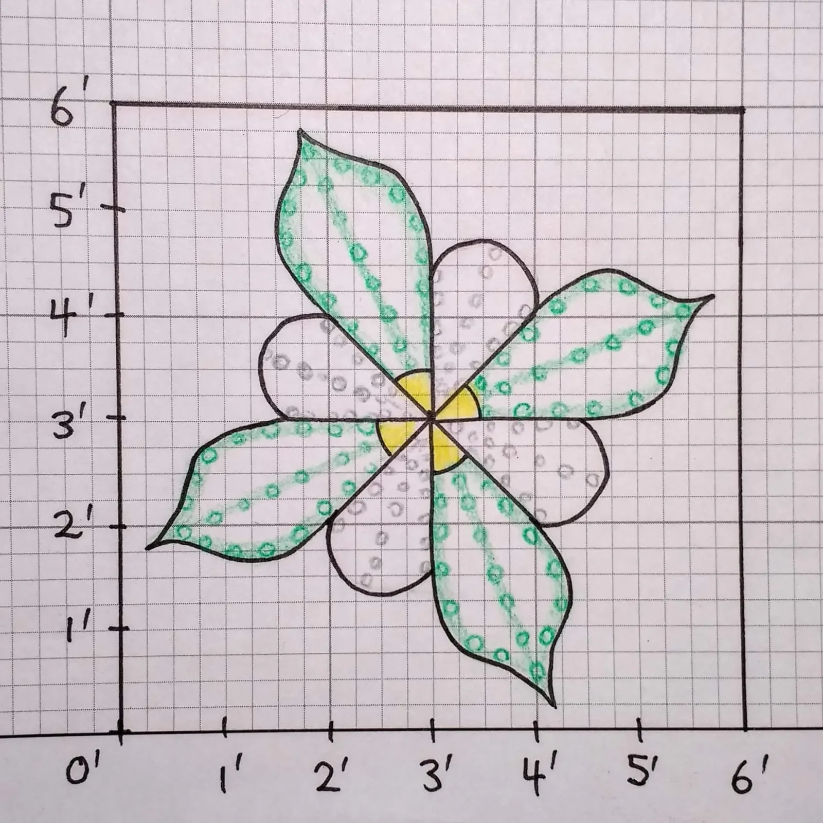 Graph paper sketch of the top view of an 8-petal flower